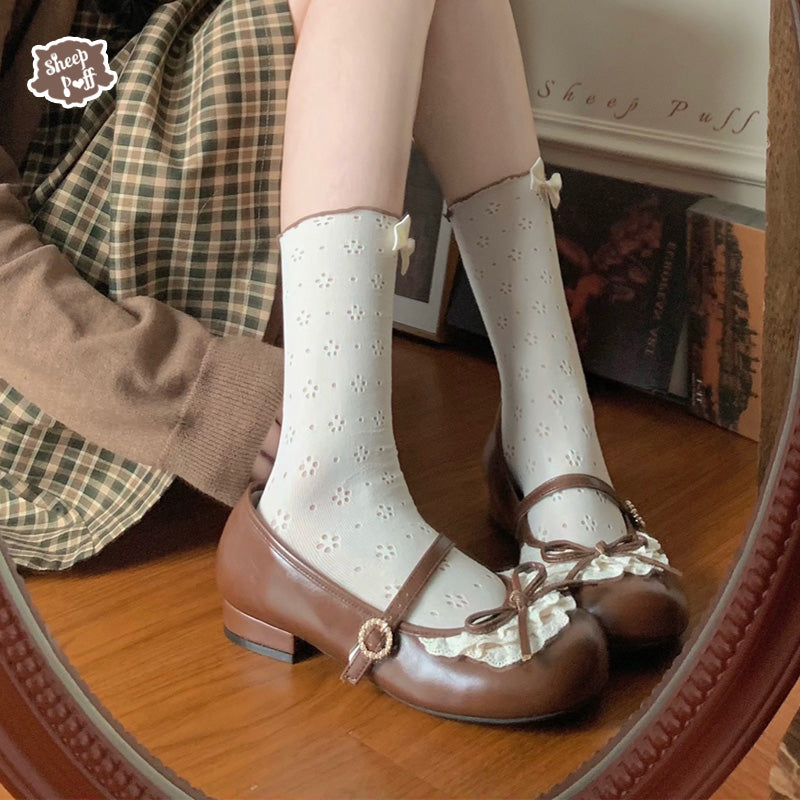 Sheep Puff~Little Leila~Kawaii Lolita Shoes Round Toe Flat Shoes 34 Brown low heel-2.5cm 