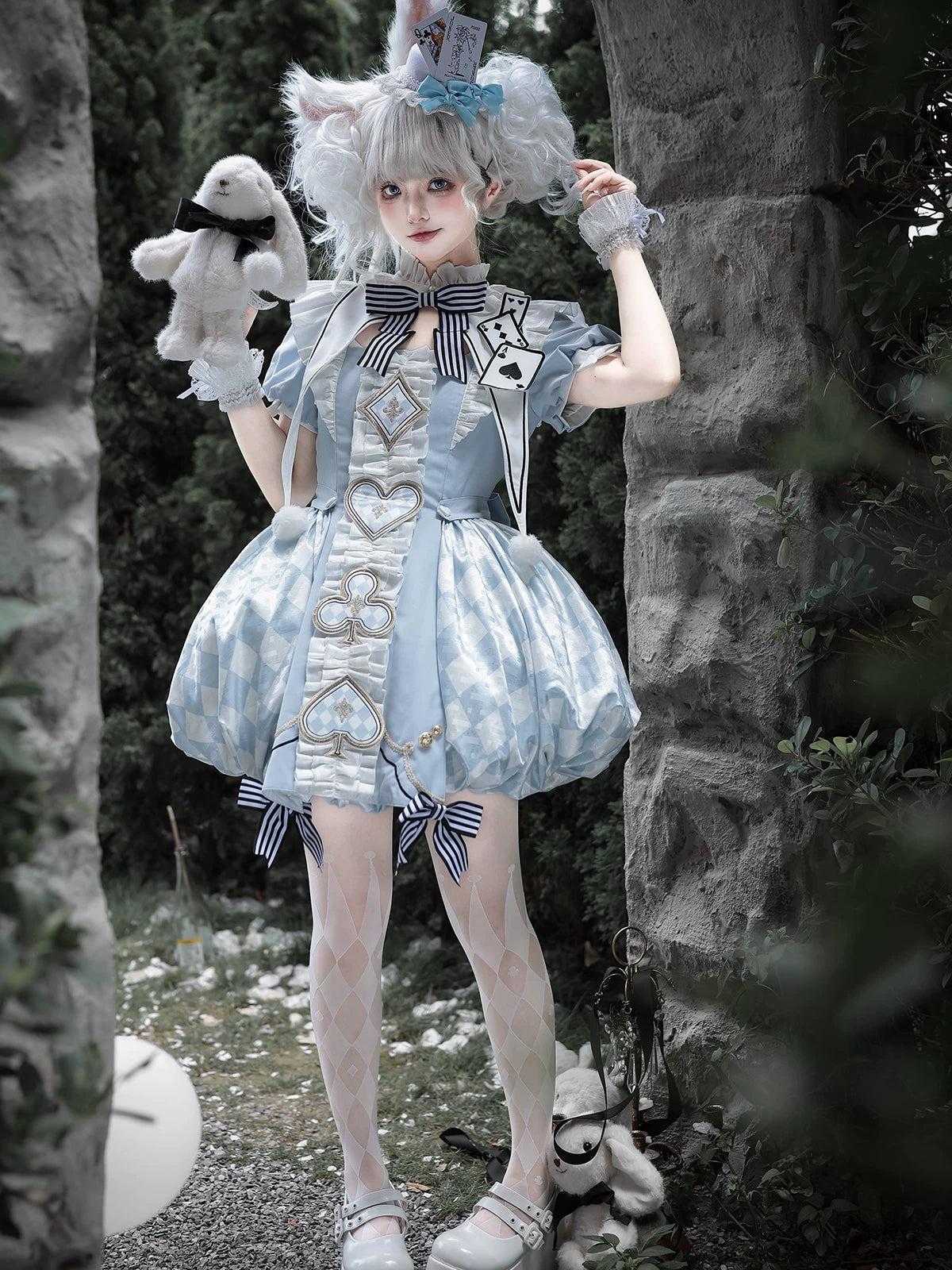 For Alice - Doll-like Lolita Jacquard OP Dress Set, Elastic Bubble Hem 45690:859681