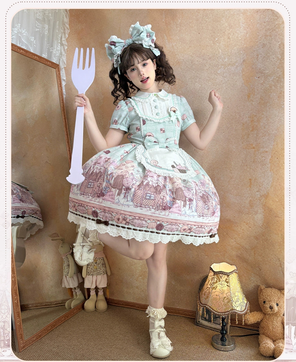 The Story of Frosting Town - Kawaii Lolita Print Dress, Detachable Apron 44387:806540