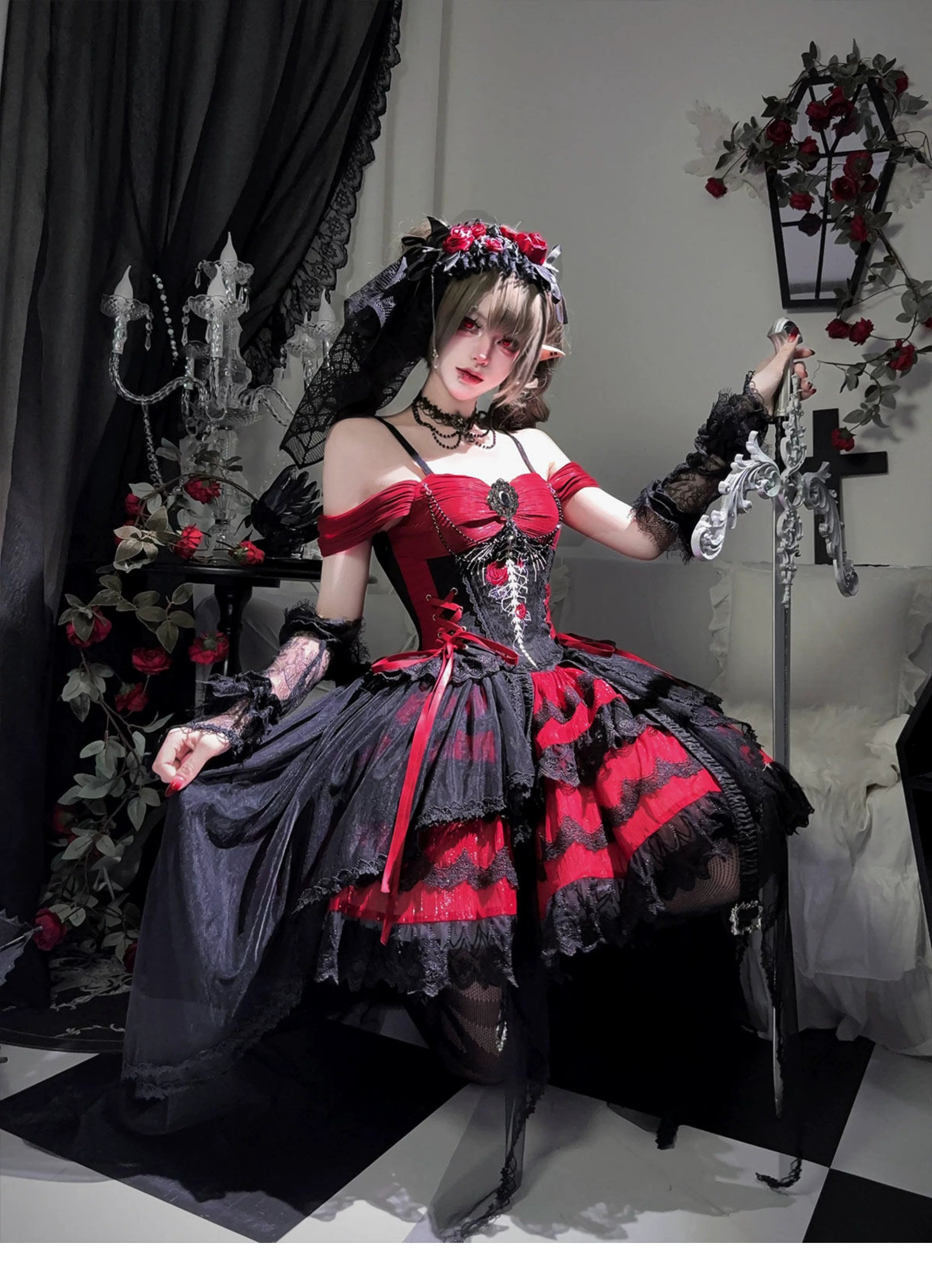 Eternal Thorn of the Dragonbone - Embroidered Gothic Lolita JSK Dress, Off-Shoulder
