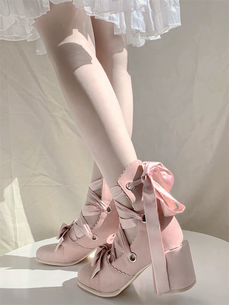 MR.Qiutian - Muse Kiss - Elegant Lolita Shoes Lace-up Bow Heels Round Toe 35 Cocoa Pink-3.5cm Mid Heel