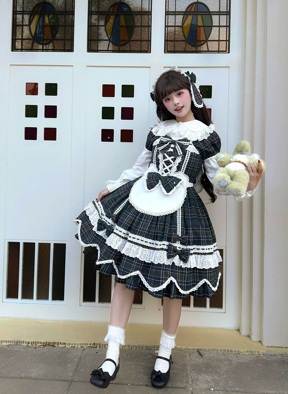 Plaid Petal Bunny - Old School Lolita Plaid OP Dress, Petal-shaped Hem 44673:818287