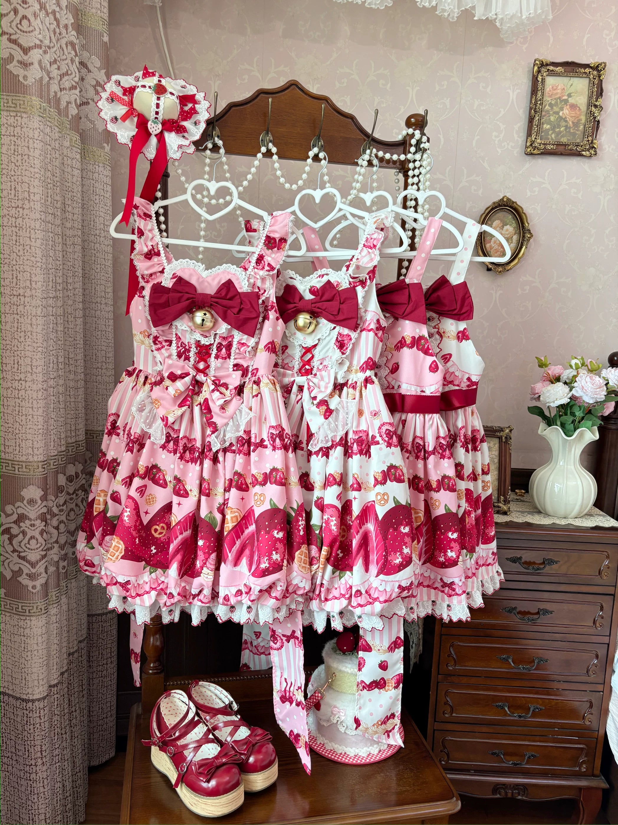 Strawberry Sweetheart Cake - Sweet Lolita Salopette & JSK, Strawberry Print