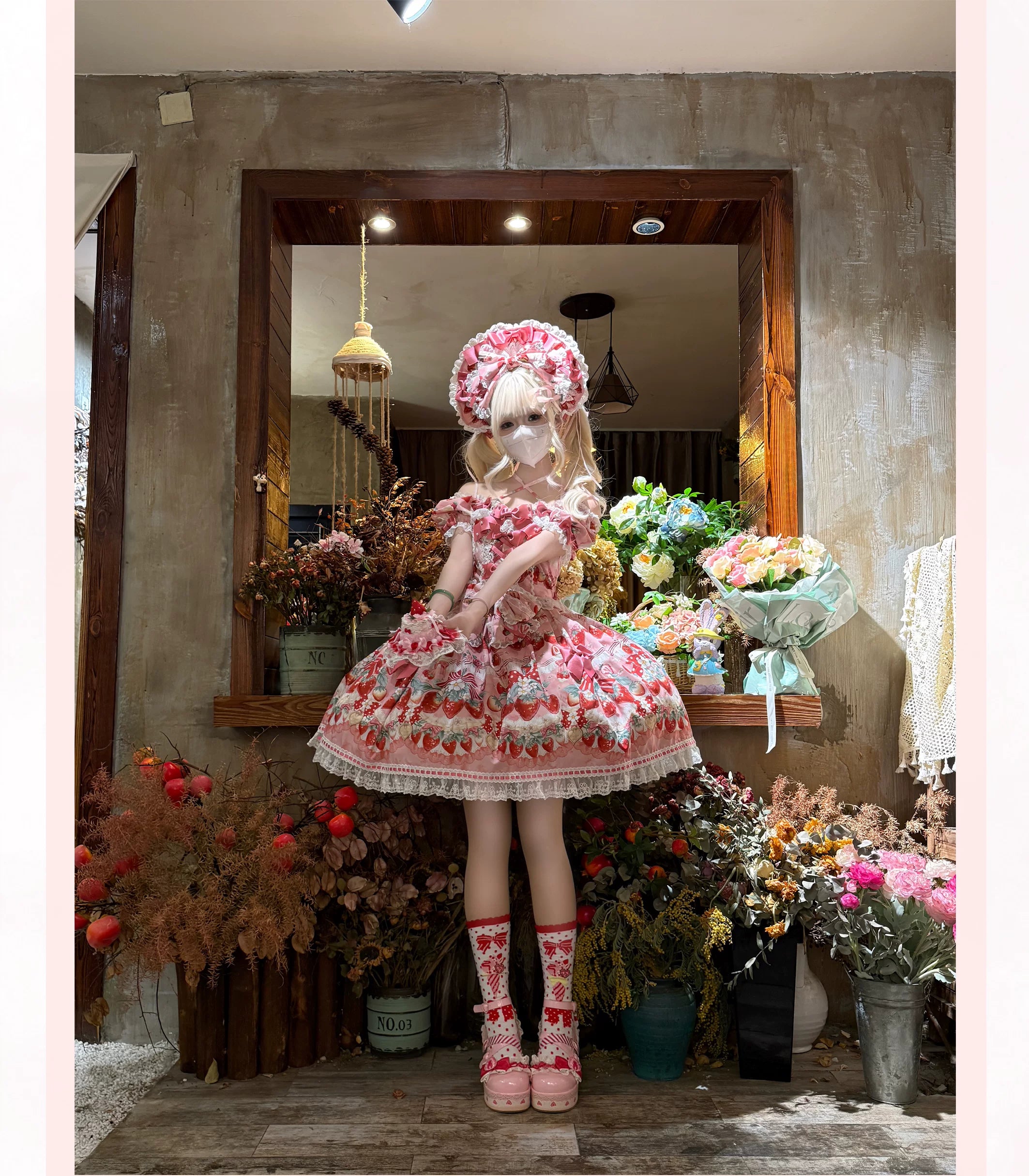 Strawberry Cream Bouquet - Printed Sweet Lolita OP Dress, Halter Neckline