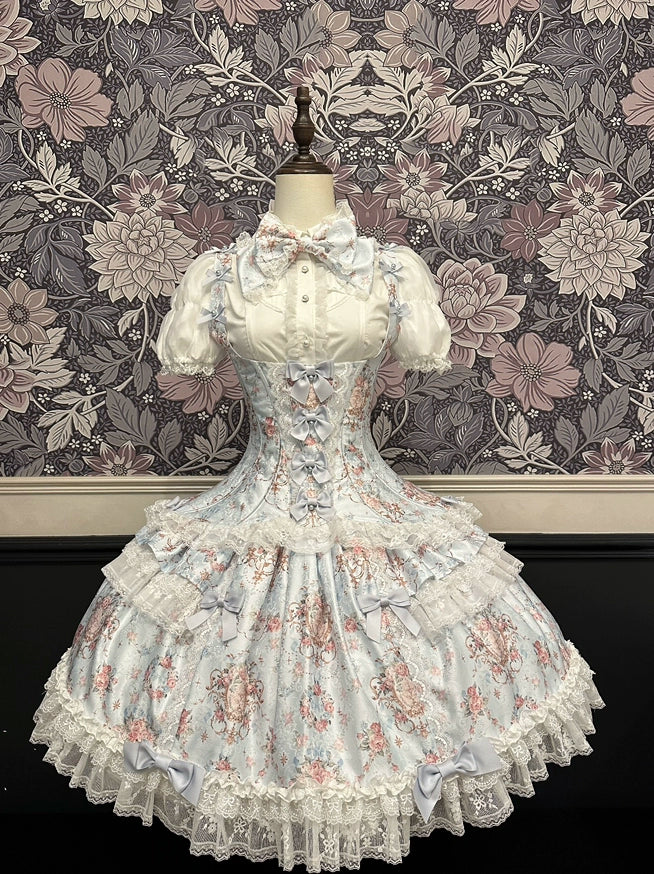 Mengfuzi - FLower in the Mirror - Old-School Lolita Bodice & SK Set, Short-Sleeved OP (Blue / S) 44280:802271