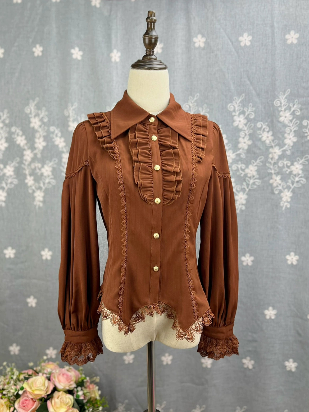 DMFS Lolita - Night Banquet - Pointed Collar Classic Lolita Shirt, Long Sleeve Coffee color S