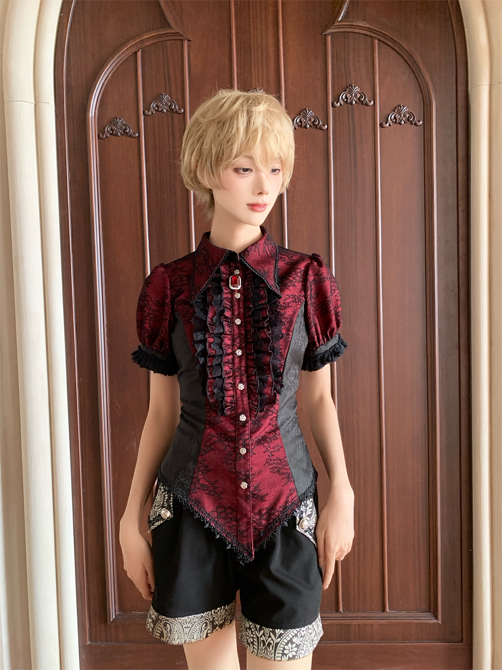 Chill Rice - Jacquard Long Sleeve Ouji Lolita Blouse, Tail Accent Red - Long Sleeve Blouse (long version) S