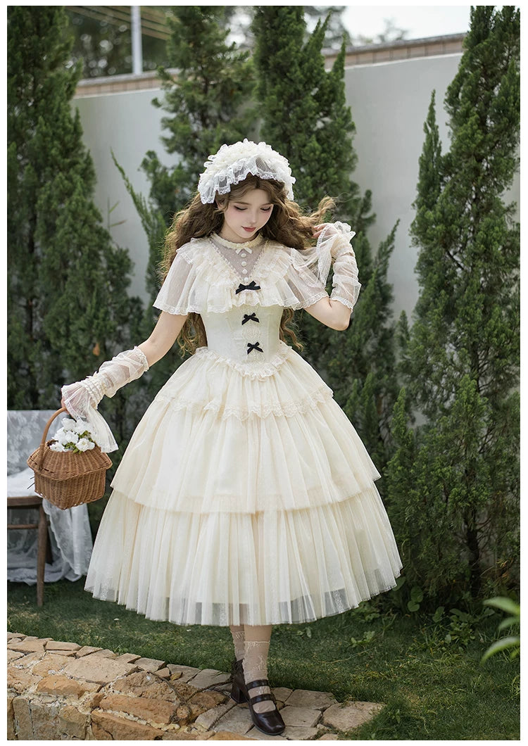White Mist Promise - Classic Lolita Corset OP Set, Edwardian Collar & Tiered Hem 45173:838318