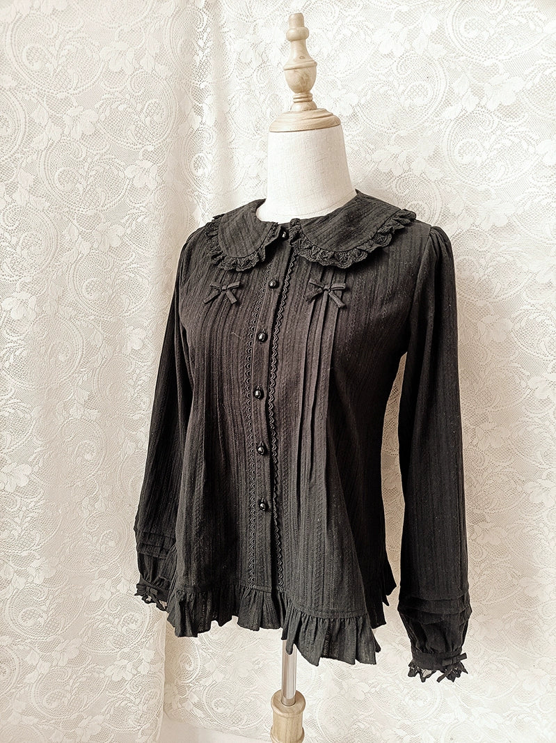 Youlan Lane - Cotton Sweet Lolita Blouse, Single / Fleece Lined Version Black Feece-lined Blouse XS