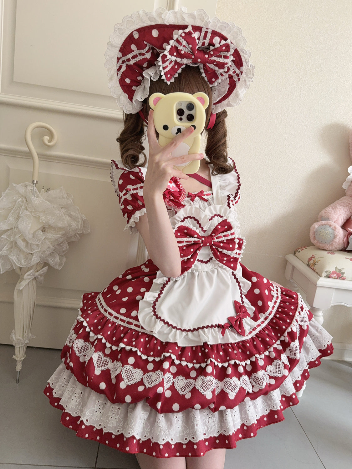Hanguliang - Berry Bubble - Sweet Lolita OP Suit Tiered Ruffles Skirt with Polka Dots Red OP + Apron S