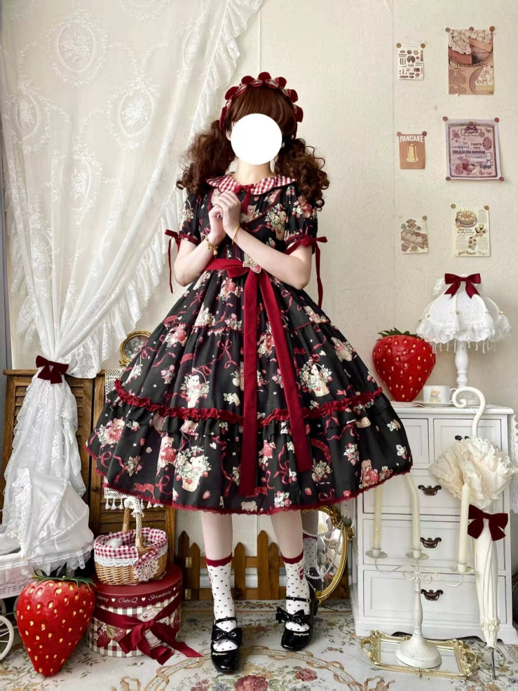 Qianmu - The Bear's Strawberry Field - Daily Lolita OP Dress With Petal Collar & Bear Strawberry Print Black OP S