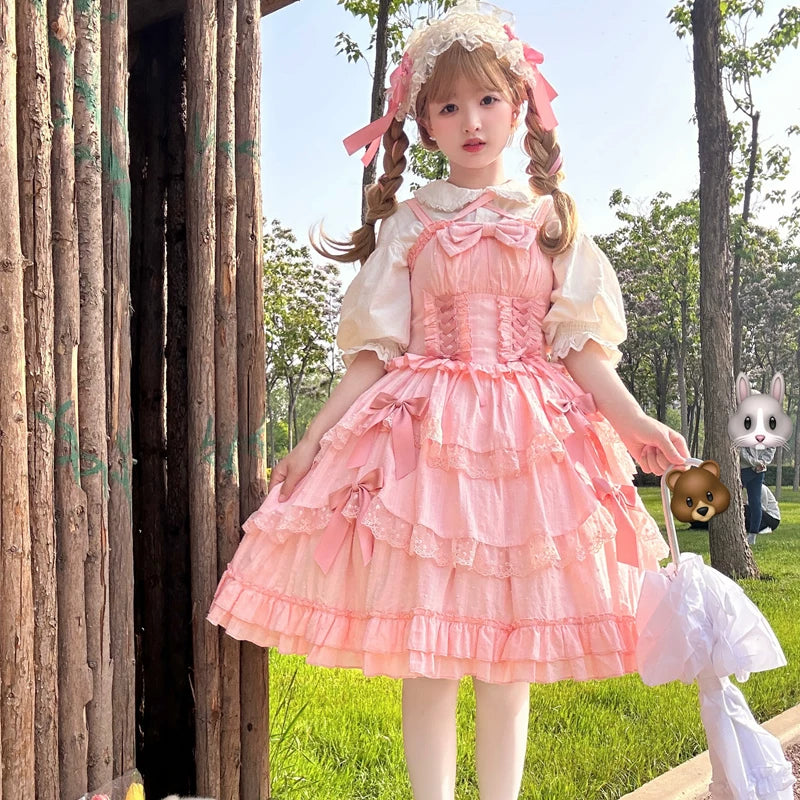 Miss Pearl - Halter Neck Sweet Lolita JSK Dress, Tiered Skirt Pink JSK Only (without back trailing bow) S