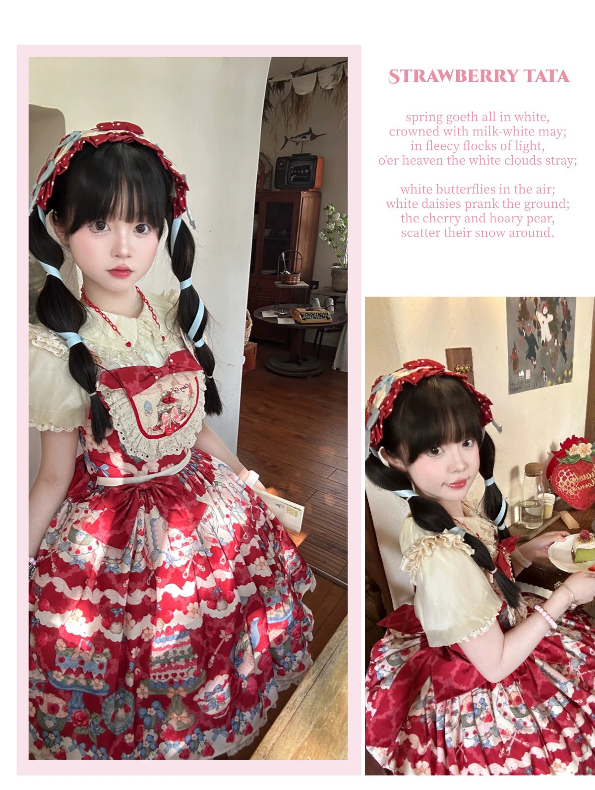 Rose Whispers - Strawberry Tata - Sweet Lolita Dress Suit With Strawberry Cake Print 43173:769163