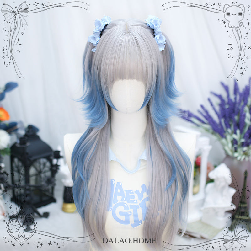 Dalao - Natural Lolita Long Curly Gray Blue Wigs Silver Gray Blue Dyed Wig