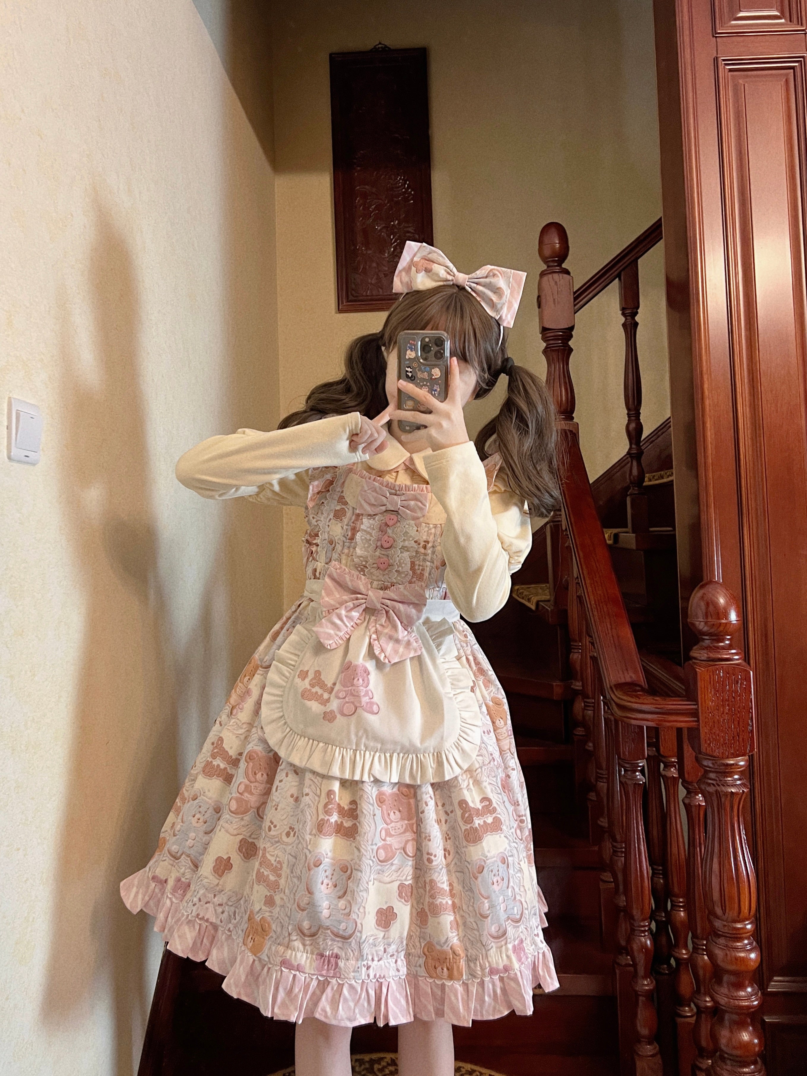 Akiyama Future Studio - Kawaii Little Bear Lolita Salopette Daily Lolita JSK S Blue salopette+ apricot long-sleeve top