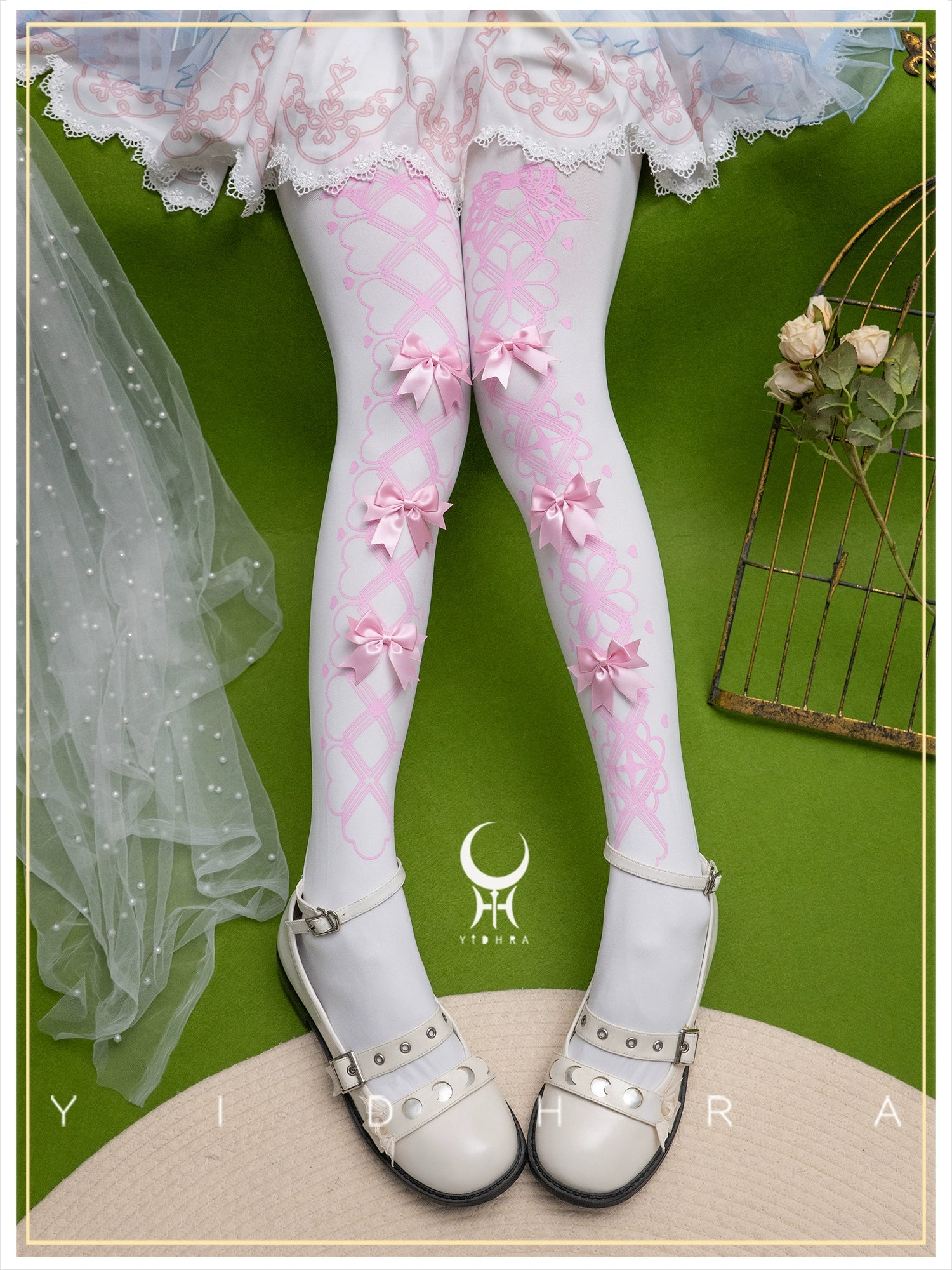Yidhra - Witch 2.0 - Printed Lolita Pantyhose, Gorgeous Style 120D - Pink with Pink Bow (pre order)
