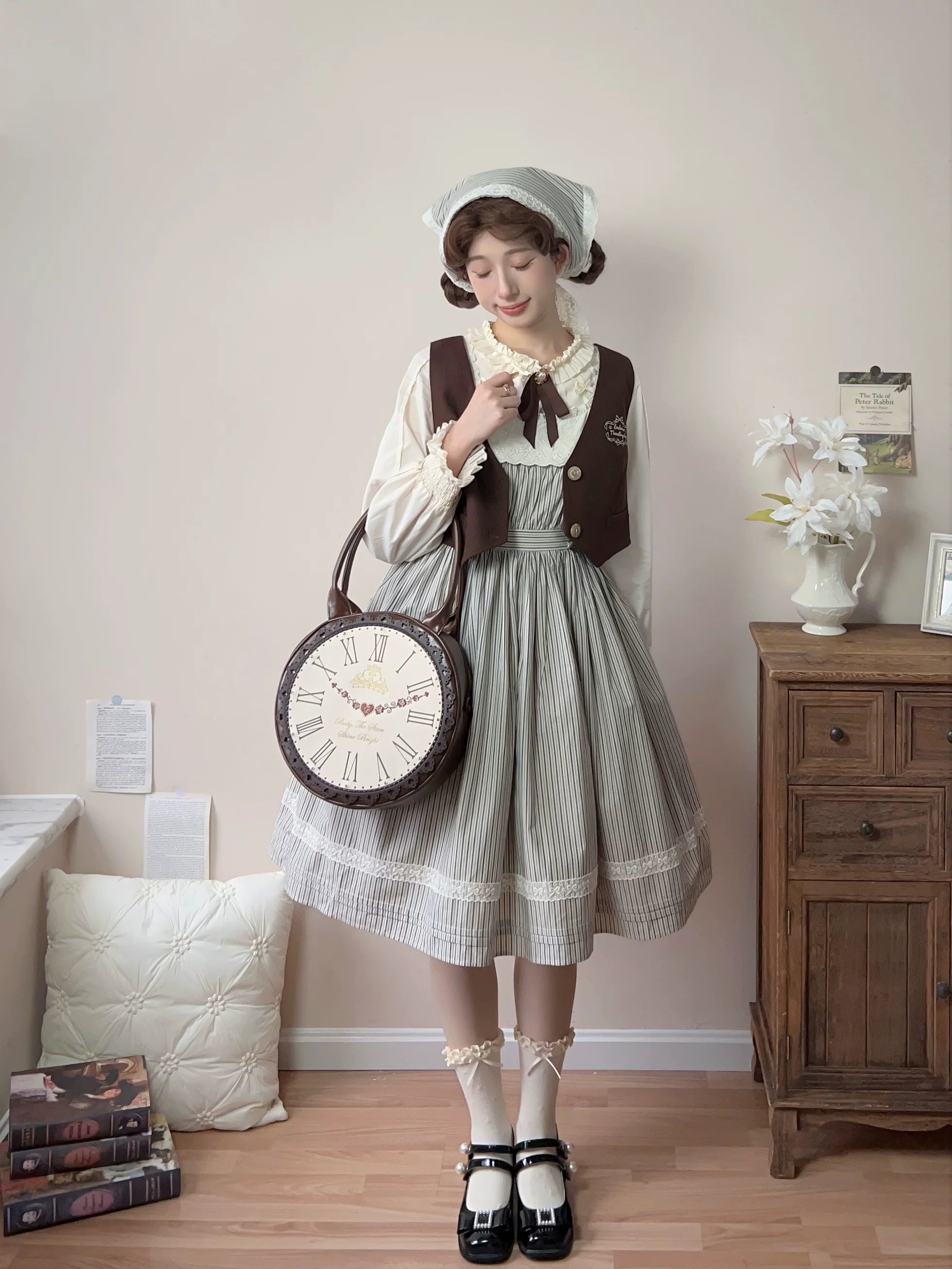 Stripe Minuet - Classic Lolita Striped JSK Dress, Embroidered Neckline 45317:844804