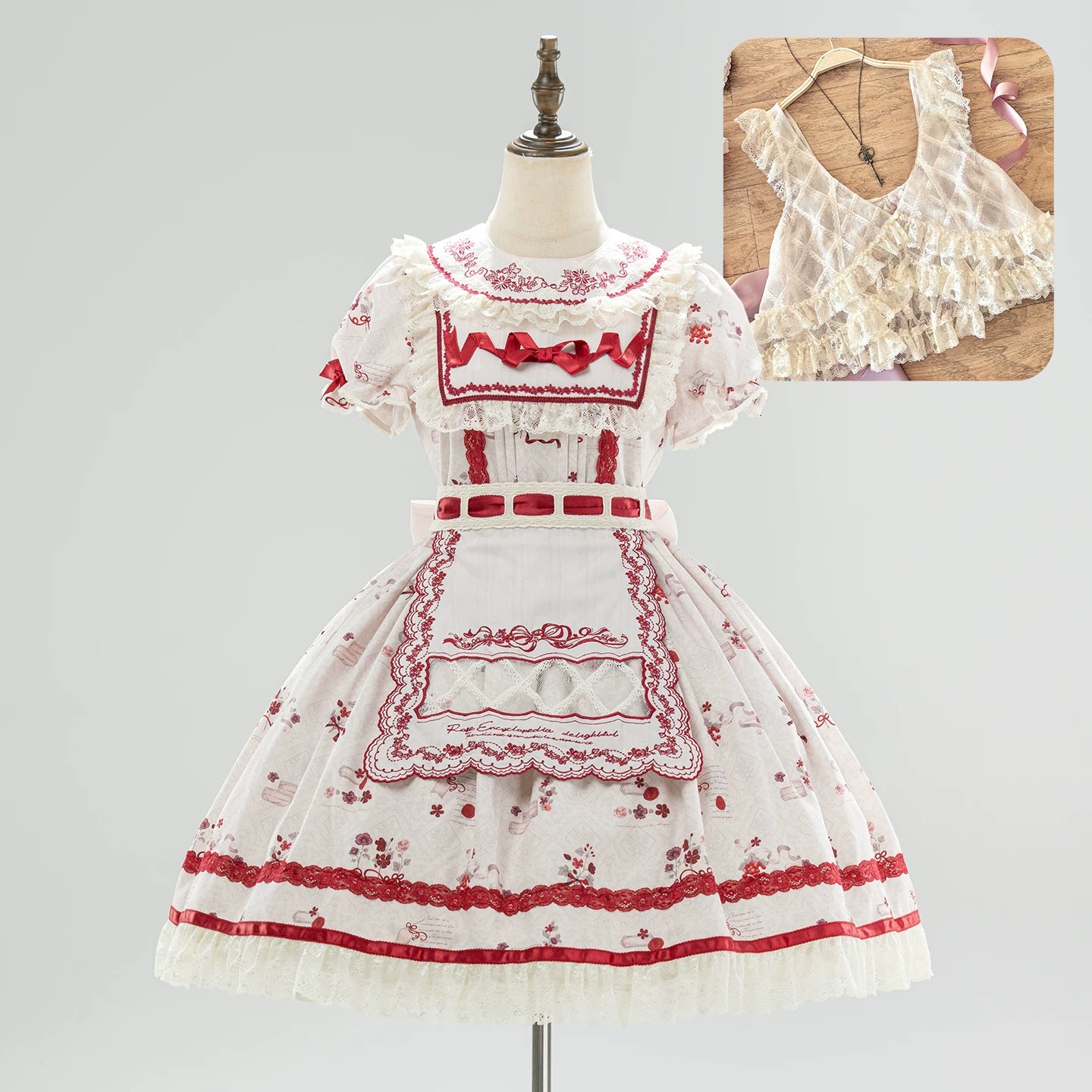Rose Catalogue - Printed Sweet Lolita OP Dress, Embroidered Apron Red - 3 Piece Set (OP + embroidered apron + vest) S