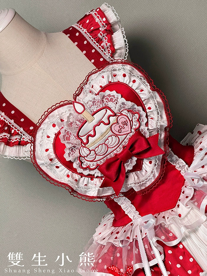 Shuang Sheng Xiao Xiong - Bite The Cake - Sweet Lolita Dress, Red & White Polka Dots 43600:780711