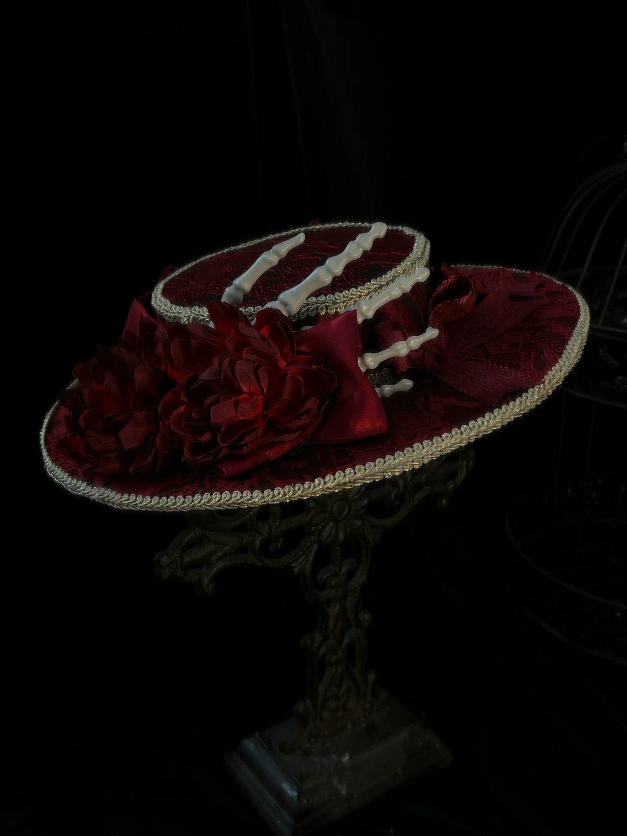 Genesis and Armageddon - Gothic Lolita Accessory, Skeleton Hand Decoration Red - Wide-brim Hat One Size