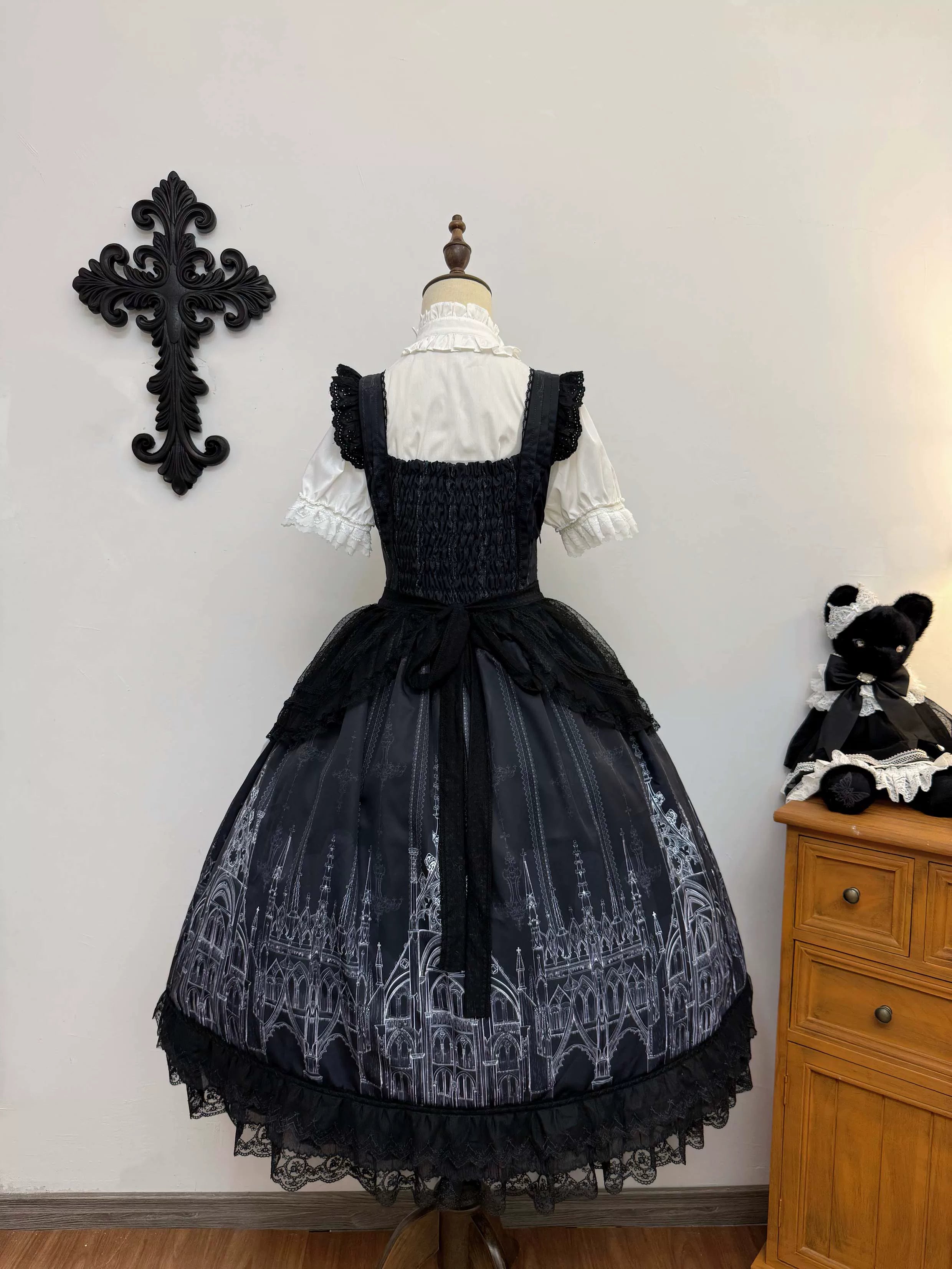 Silent Spire - Gothic Lolita Cathedral Print JSK & OP Dress Set, Side Pockets 45921:868198