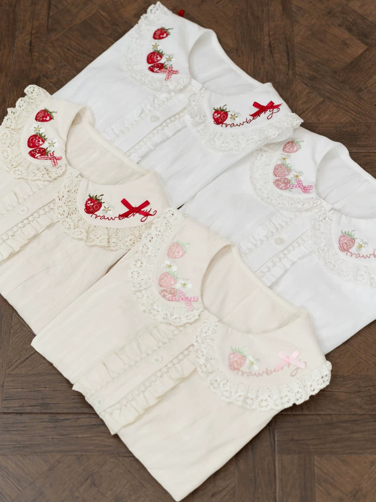 Sweet Lolita Jacquard Blouse, Strawberry Embroidery Collar (L M S XL) 45673:857975