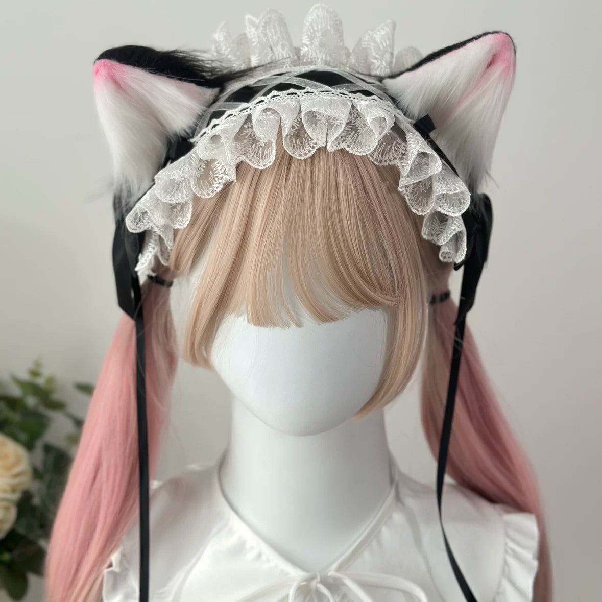Sweet Lolita Lace Headbands, Ribbon & Bow White lace with black bow headband + Detachable cat ears (with clips))