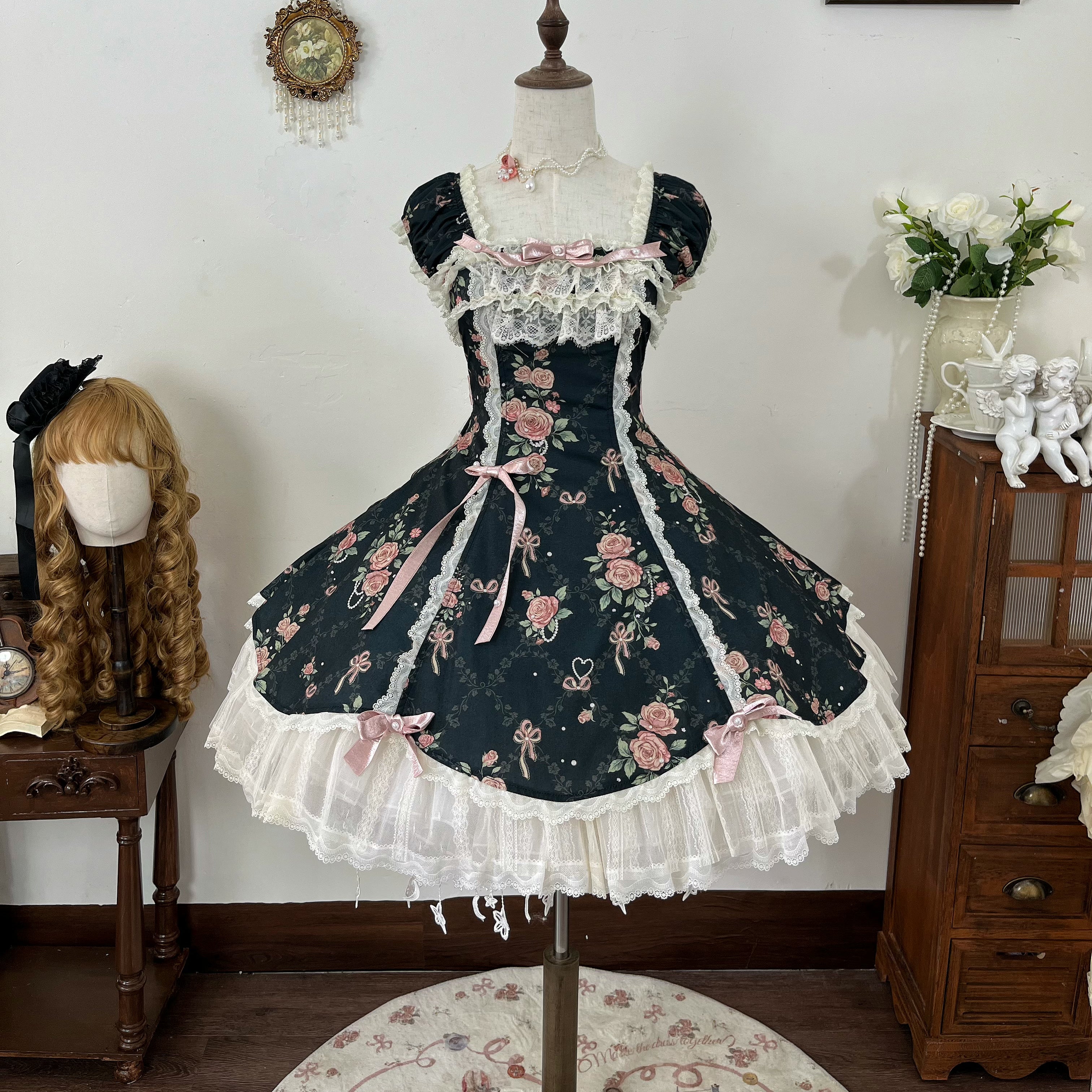 Pearl & Rose - Old School Lolita Floral Print Lolita OP Dress, Back Opening 45925:868405