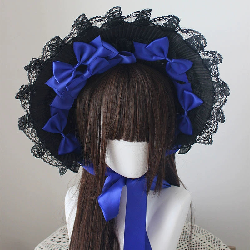 Deer Girl - Gothic Lolita Handmade Bonnet with Bows and Beads royal blue bow-tie style