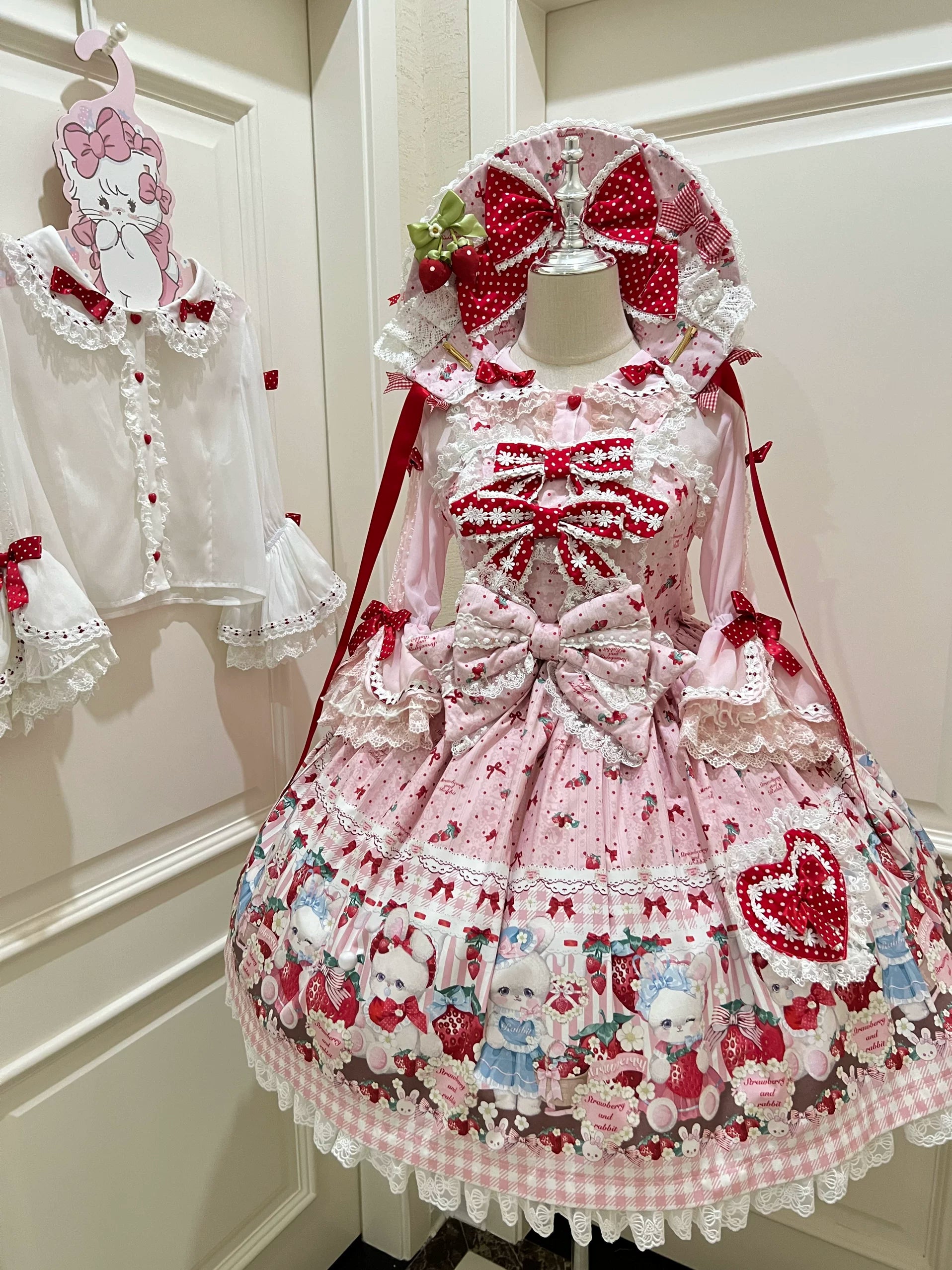 Strawberry Plaid Bunny - Printed Sweet Lolita JSK Dress, Hime Sleeve Blouse Pink One Size JSK Only
