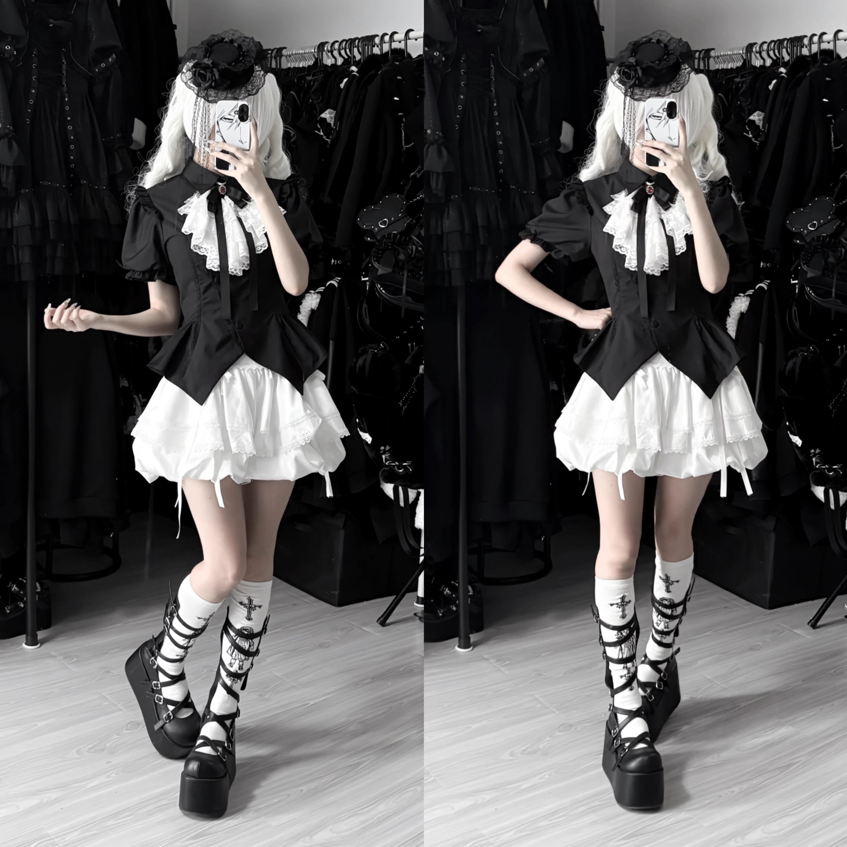 Lyra Nocturne - Gothic Lolita Slanted Placket Shirt Set, Plaid or Striped Black Cotton Blend - Short Sleeve Shirt Only (without jabot) XS