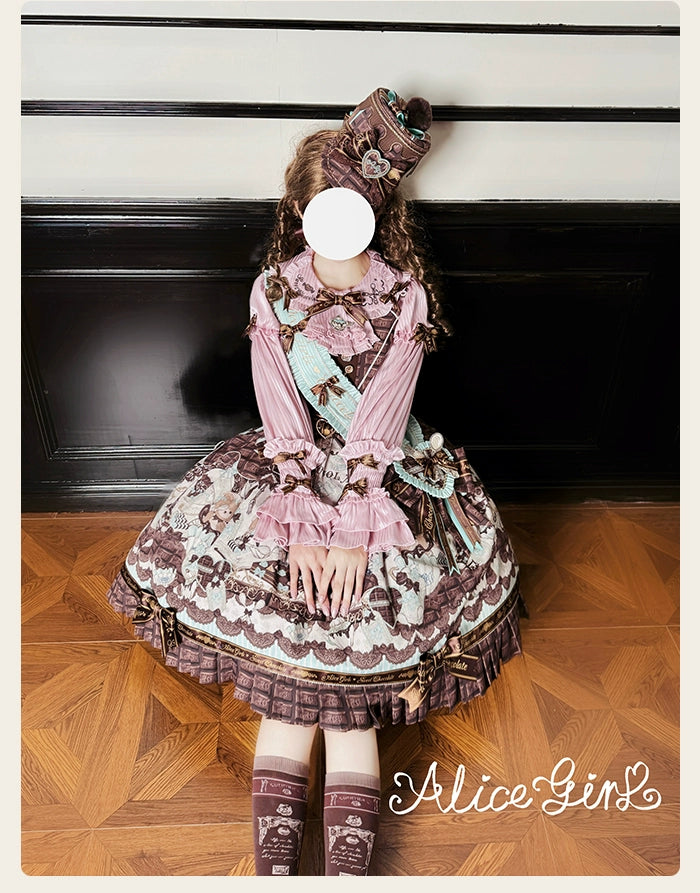 Alice Girl - Bear Chocolate Bar - Kawaii Lolita Blouse, Long Sleeve 43852:787134