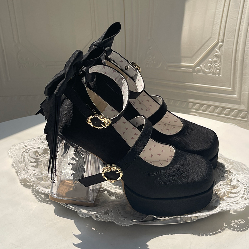 Dreamland - Floating Koi Land - Satin Classic Lolita Platform Shoes, Transparent Heel (Black / 34 35 36 37 38 39 40 41) 44317:804065