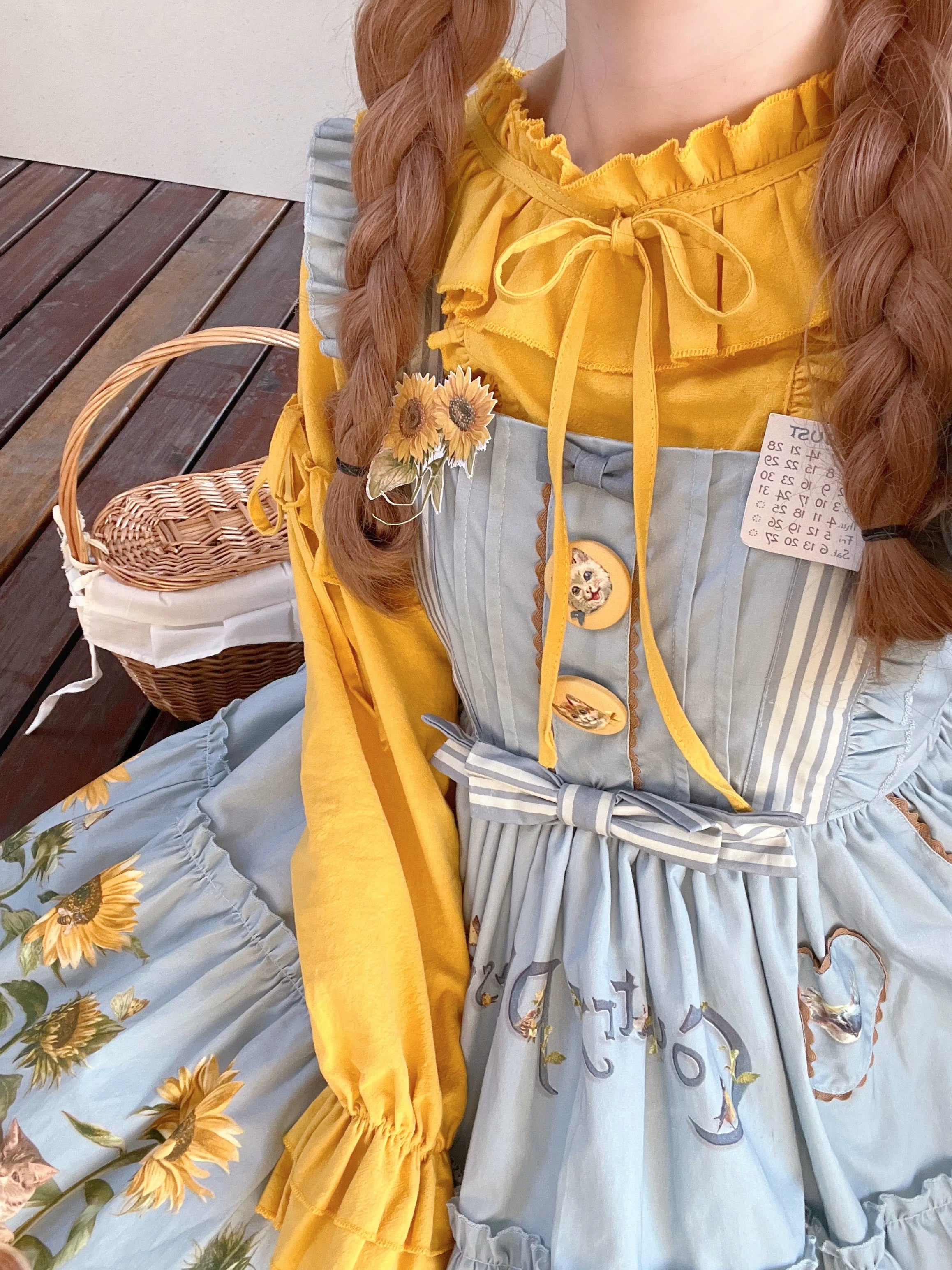 Polaris Lolita - Cat and Sunflower - Sweet Lolita JSK Cat and Sunflower Print Dress and Headdress Set