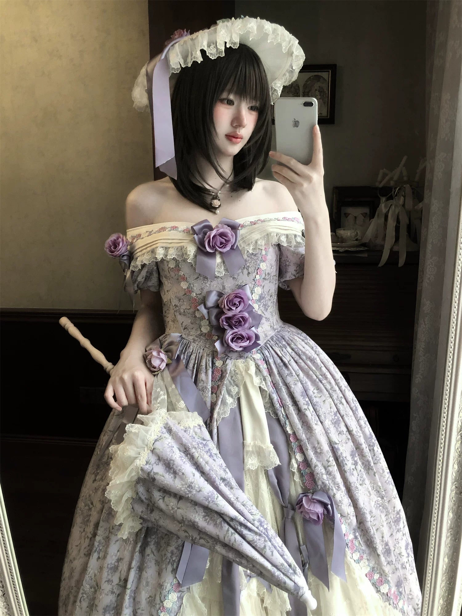 Dolota Flower Wall - Classic Lolita Floral OP Dress, Open Shoulder 44485:811124