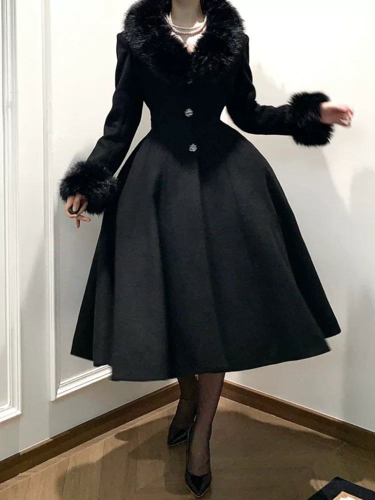 Black Mamba - Winter Elegant Lolita Coat, Detachable Fur Collar