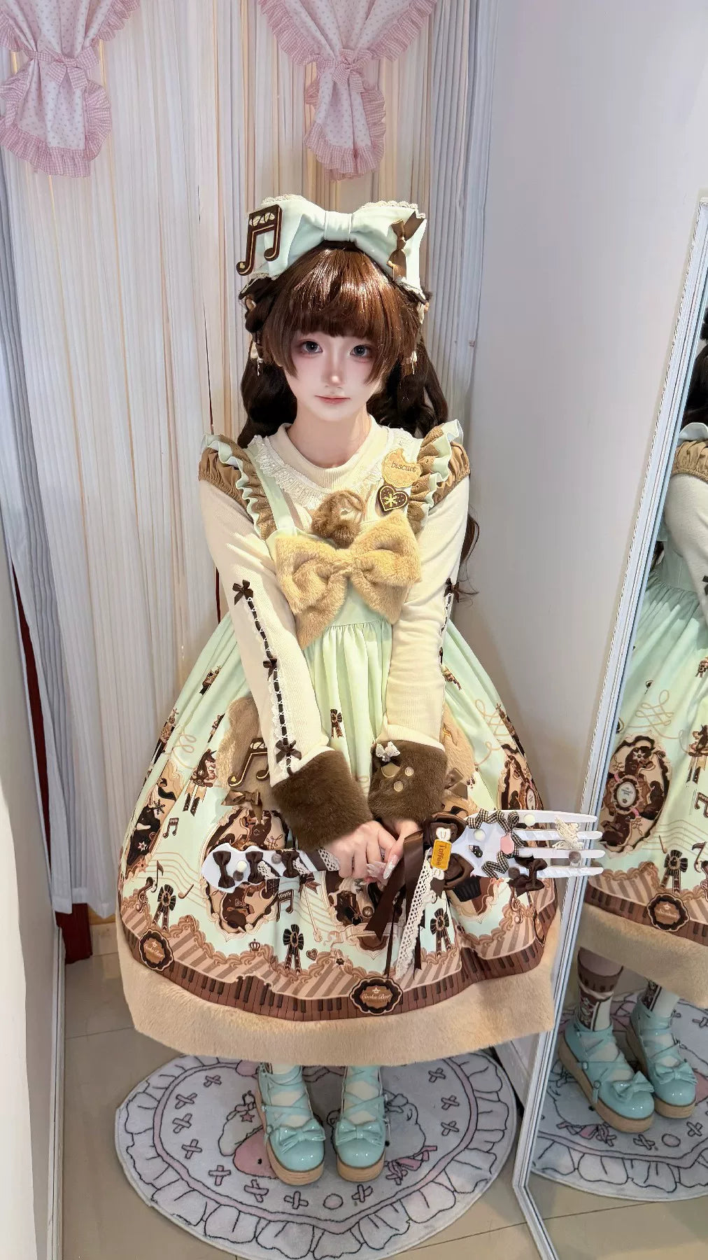 Cream Bear - Print Kawaii Lolita Fake Two-Piece OP, A-lined JSK Dress 44502:811669