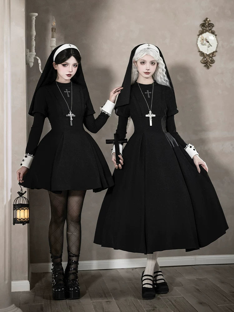 Gothic Nun Lolita OP Dress, Irregular Hem Cape