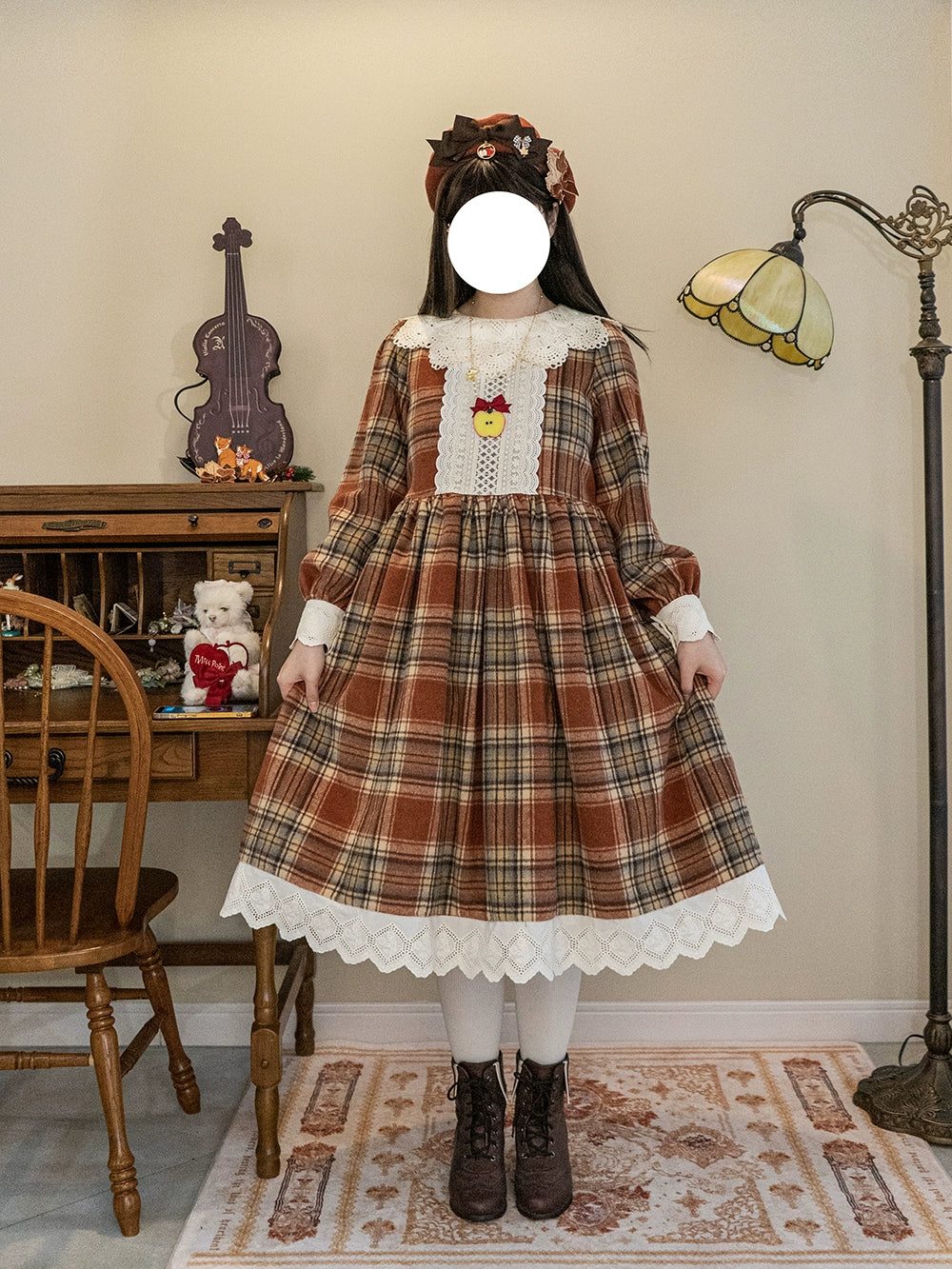 Miss Point - Chubby Fox in the Forest - Customized Lolita OP Dress Plaid Loose Daily Dress S Plaid Dress