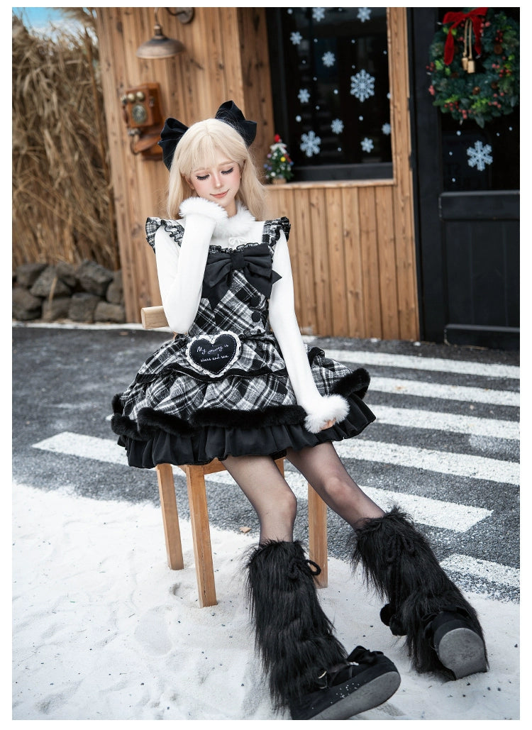 With PUJI - Snow Night Serenade - Fluffy Plaid Kawaii Lolita JSK, Reversible Cape 44279:802362
