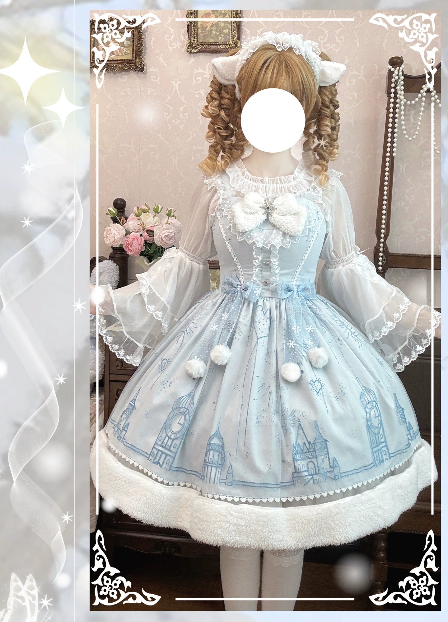 ZhiJinYuan - Snow Castle - Winter Sweet Lolita JSK Cape Dress, Blue Castle Print 44107:796466