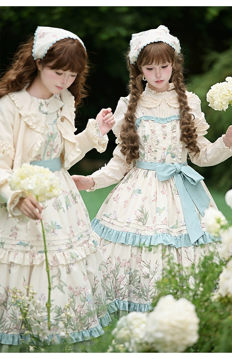 With PUJI - Oriole Time - Country Lolita JSK and OP Dress, Floral and Bird Print 44048:794550