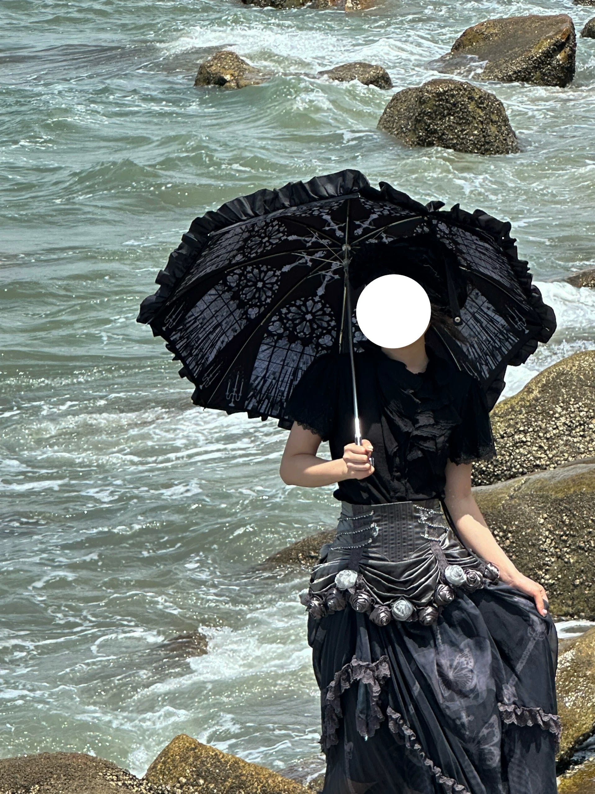 Foldable Lolita Parasol, Layered Ruffle & Window Print Style 45734:860797