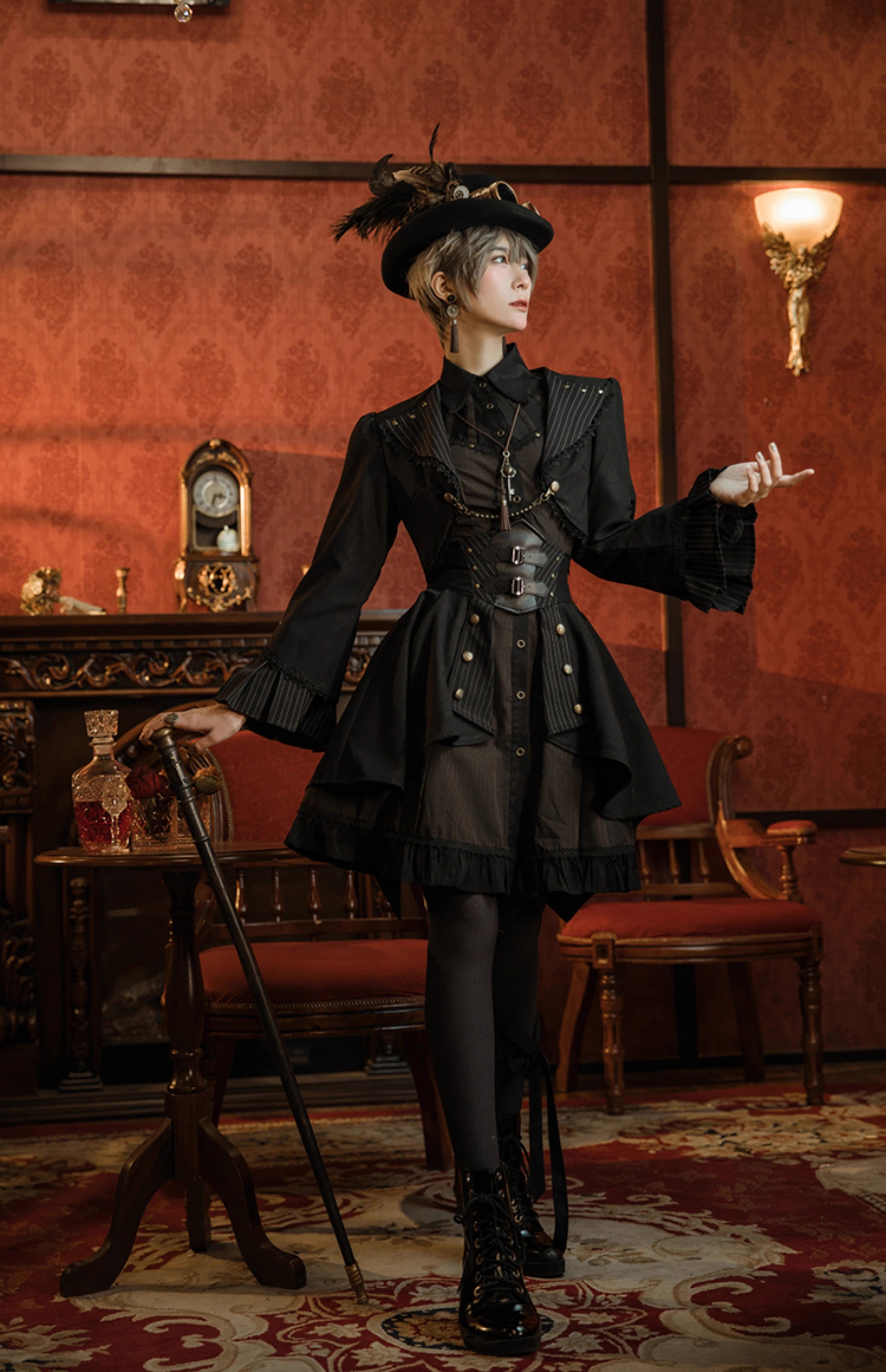 (BFM)Mr. Yi's Steam Continent~Gothic Lolita Cardigan Long Sleeve Black Short Jacket 36496:513150