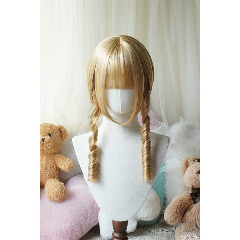 Imperial Tea - Solid Lolita Bob Wig With Detachable Curl Ponytail Milk Tea Blonde - Bob Wig + Hairnet