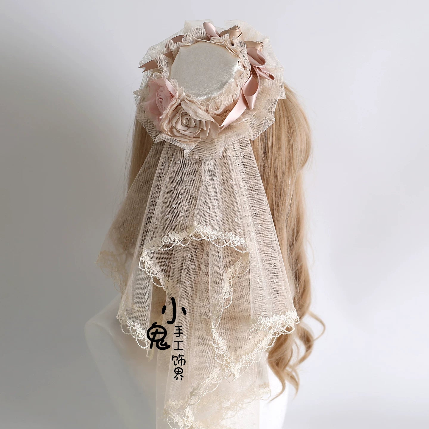 Elegant Champagne Lolita Headdress, Floral & Bows Floral Bud Top Hat with Small Veil Only (with fixed clip)
