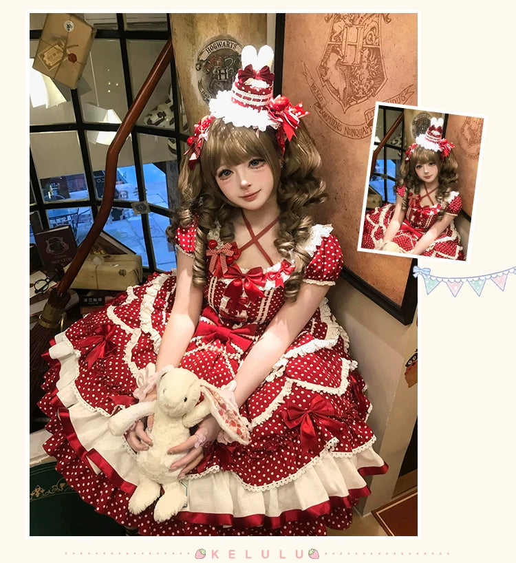 Berry Dew Drops - Red Old School Lolita OP Dress, Polka Dot