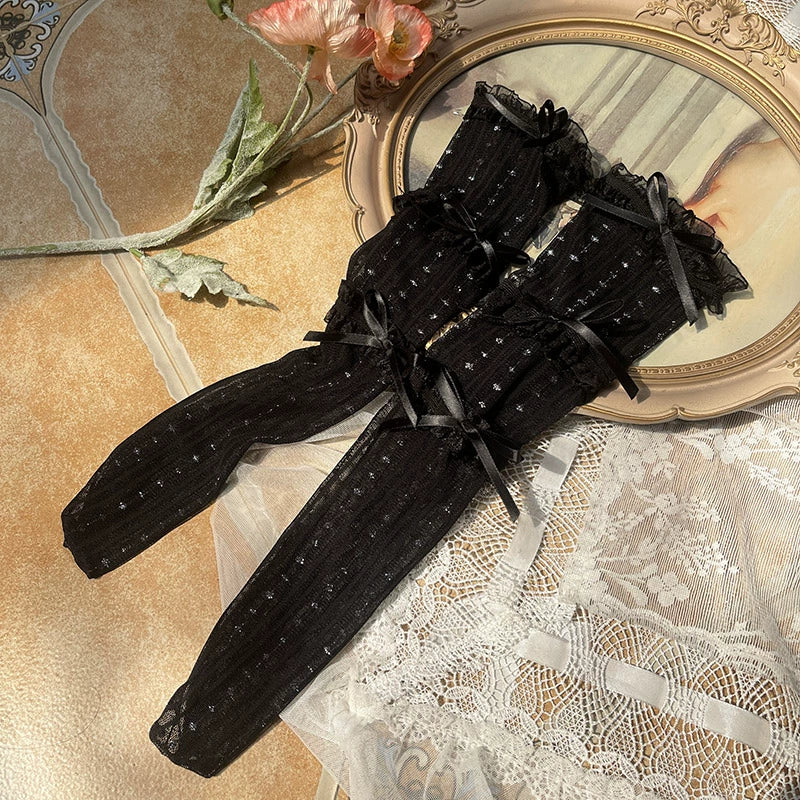 WAGUIR - Sweet Lolita Mid-Calf Socks 3-Layer Lace Mesh Fairy Thin Socks One Size Black socks with black bow