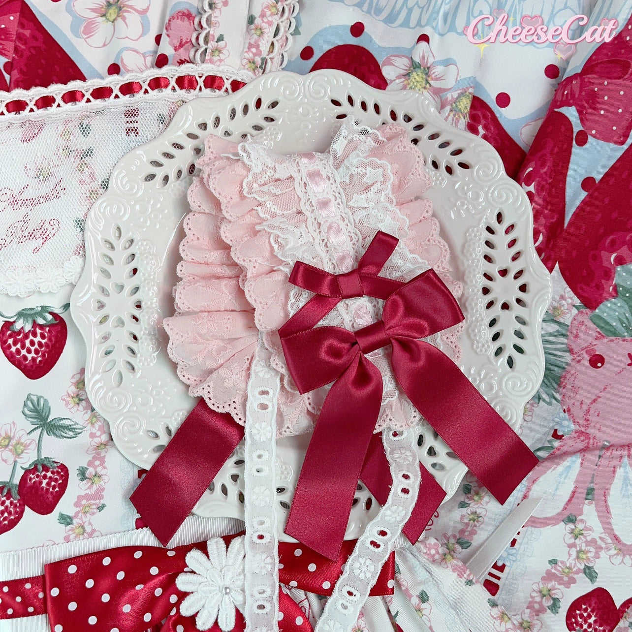 Cheese Cat - Sweet Lolita Headband Ribbon Bow Headbands Pink and White - Burgundy Bow