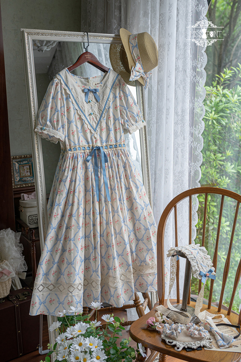 Miss Point - Happy Summer Elegant Lolita Floral OP Dress XS blue rhombic lattice long OP